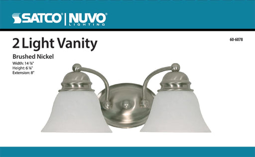 Vanity Nuvo 60-6078 Empire - 2 Light - 15 in. - Vanity with Alabaster Glass Bell Shades - Color retail packaging - Brushed Nickel Finish Nuvo