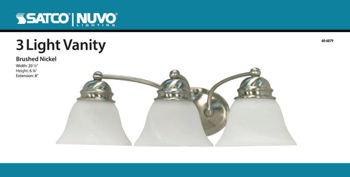 Vanity Nuvo 60-6079 Empire - 3 Light - 21 in. - Vanity with Alabaster Glass Bell Shades - Color retail packaging - Brushed Nickel Finish Nuvo