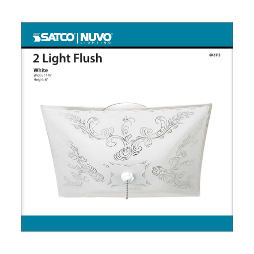 Flush Mount Nuvo 60-6113 2 Light - 12 in. - Ceiling Fixture - Square Floral with Pull Chain - Color retail packaging - White Finish Nuvo