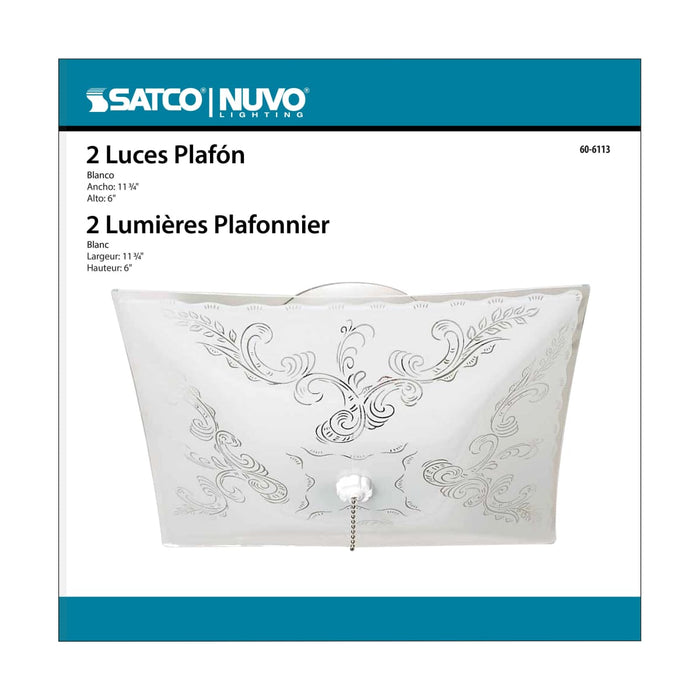 Flush Mount Nuvo 60-6113 2 Light - 12 in. - Ceiling Fixture - Square Floral with Pull Chain - Color retail packaging - White Finish Nuvo