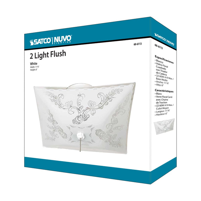 Flush Mount Nuvo 60-6113 2 Light - 12 in. - Ceiling Fixture - Square Floral with Pull Chain - Color retail packaging - White Finish Nuvo