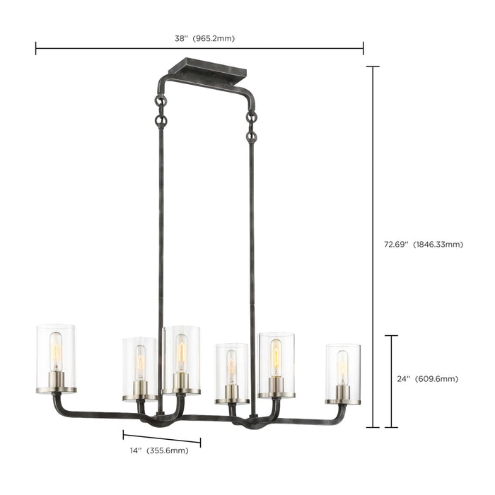 Island Pendant Nuvo 60-6124 6 Light - Sherwood Island Pendant - Iron Black with Brushed Nickel Accents Finish - Clear Glass - Lamps Included Nuvo