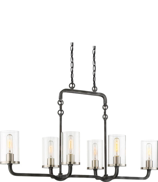 Island Pendant Nuvo 60-6124 6 Light - Sherwood Island Pendant - Iron Black with Brushed Nickel Accents Finish - Clear Glass - Lamps Included Nuvo