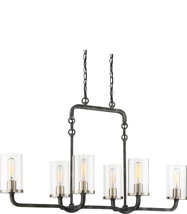 Island Pendant Nuvo 60-6124 6 Light - Sherwood Island Pendant - Iron Black with Brushed Nickel Accents Finish - Clear Glass - Lamps Included Nuvo
