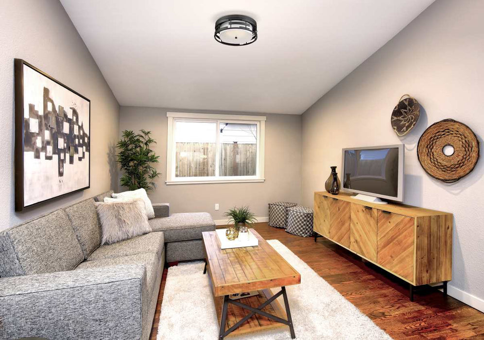 Flush Mount Nuvo 60-6434 Lansing - 3 Light - Flush with White Fabric Shade and Opal Diffuser - Midnight Bronze Finish Nuvo