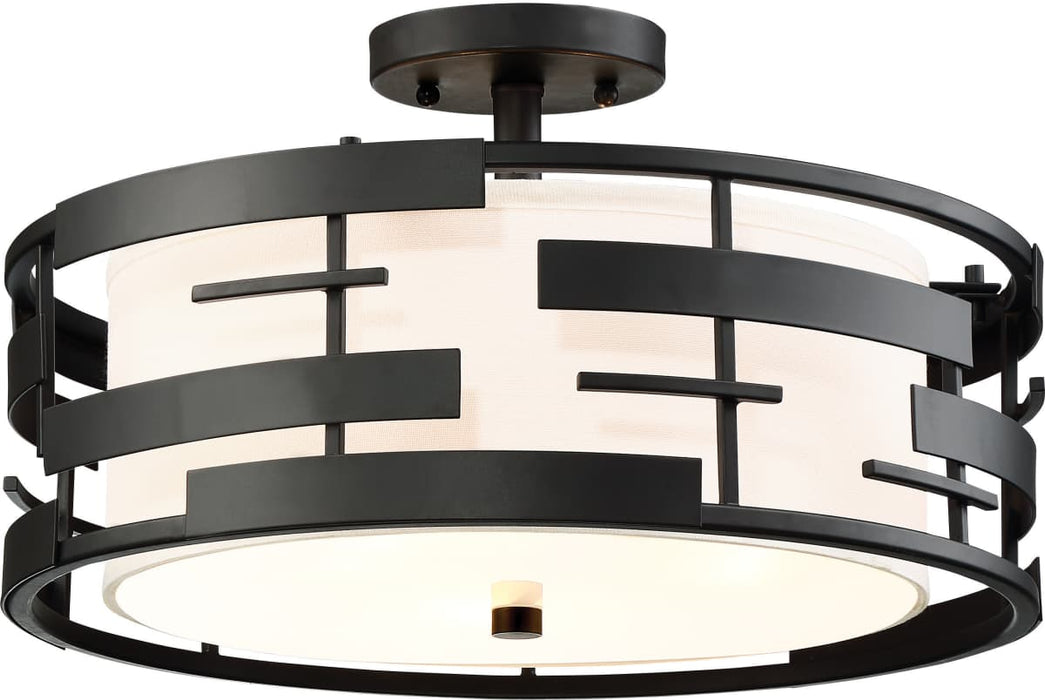 Semi Flush Nuvo 60-6436 Lansing - 3 Light - Semi - Flush with White Fabric Shade and Opal Diffuser - Midnight Bronze Finish Nuvo