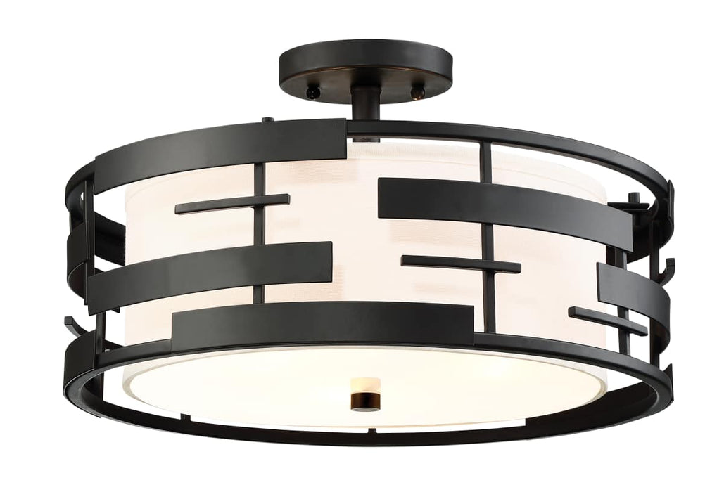 Semi Flush Nuvo 60-6436 Lansing - 3 Light - Semi - Flush with White Fabric Shade and Opal Diffuser - Midnight Bronze Finish Nuvo