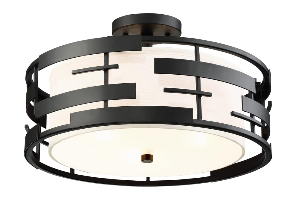 Semi Flush Nuvo 60-6436 Lansing - 3 Light - Semi - Flush with White Fabric Shade and Opal Diffuser - Midnight Bronze Finish Nuvo