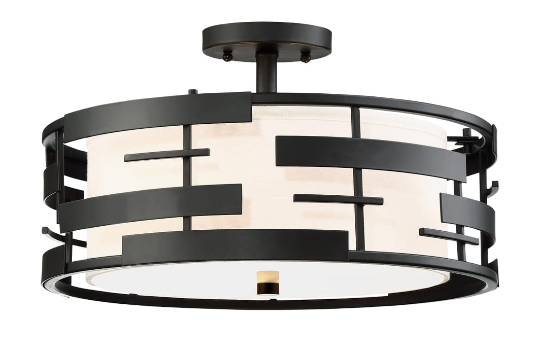 Semi Flush Nuvo 60-6436 Lansing - 3 Light - Semi - Flush with White Fabric Shade and Opal Diffuser - Midnight Bronze Finish Nuvo