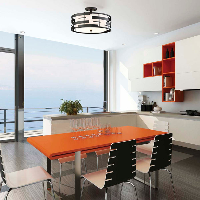 Semi Flush Nuvo 60-6436 Lansing - 3 Light - Semi - Flush with White Fabric Shade and Opal Diffuser - Midnight Bronze Finish Nuvo