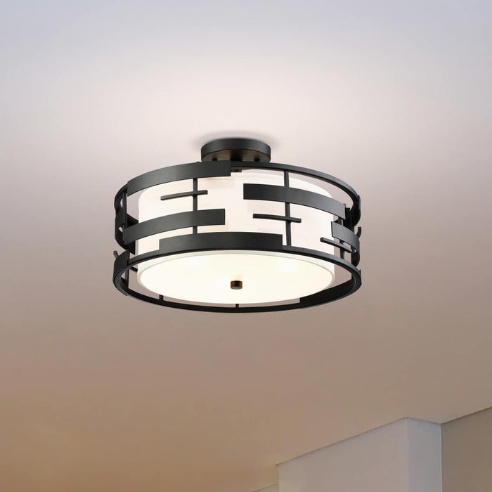 Semi Flush Nuvo 60-6436 Lansing - 3 Light - Semi - Flush with White Fabric Shade and Opal Diffuser - Midnight Bronze Finish Nuvo
