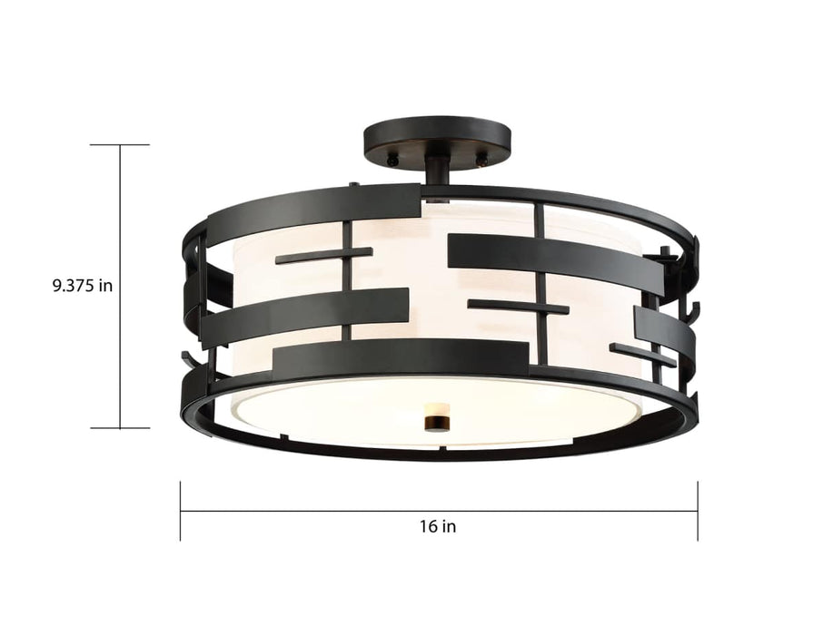 Semi Flush Nuvo 60-6436 Lansing - 3 Light - Semi - Flush with White Fabric Shade and Opal Diffuser - Midnight Bronze Finish Nuvo