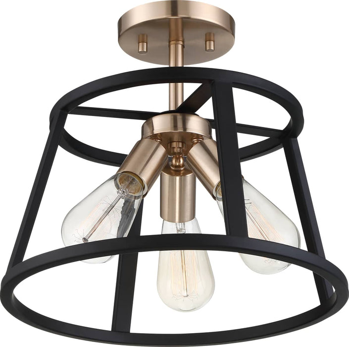 Semi Flush Nuvo 60-6643 Chassis - 3 Light - Semi-Flush Mount Fixture - Copper Brushed Brass Finish with Matte Black Frame Nuvo