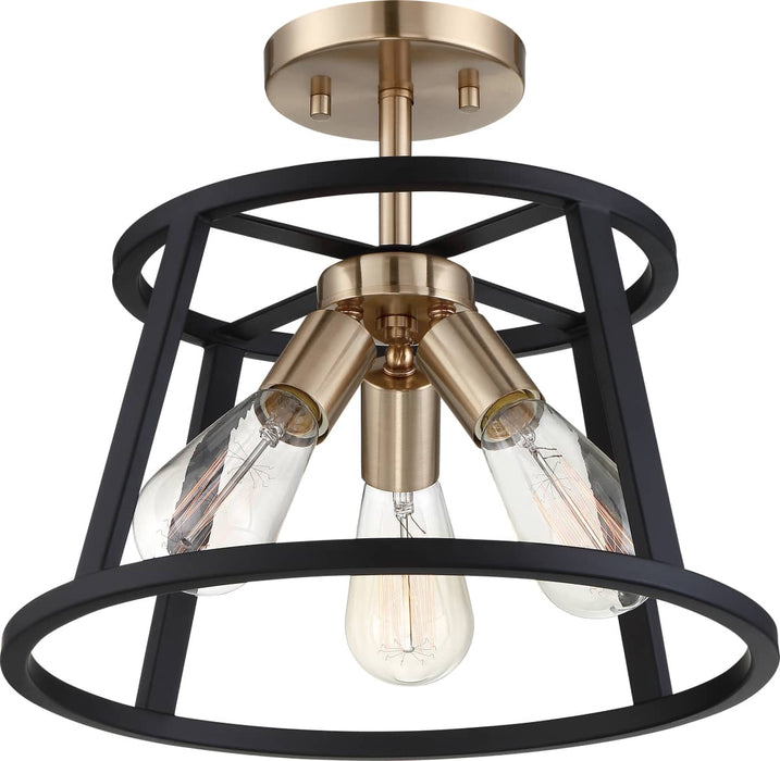 Semi Flush Nuvo 60-6643 Chassis - 3 Light - Semi-Flush Mount Fixture - Copper Brushed Brass Finish with Matte Black Frame Nuvo