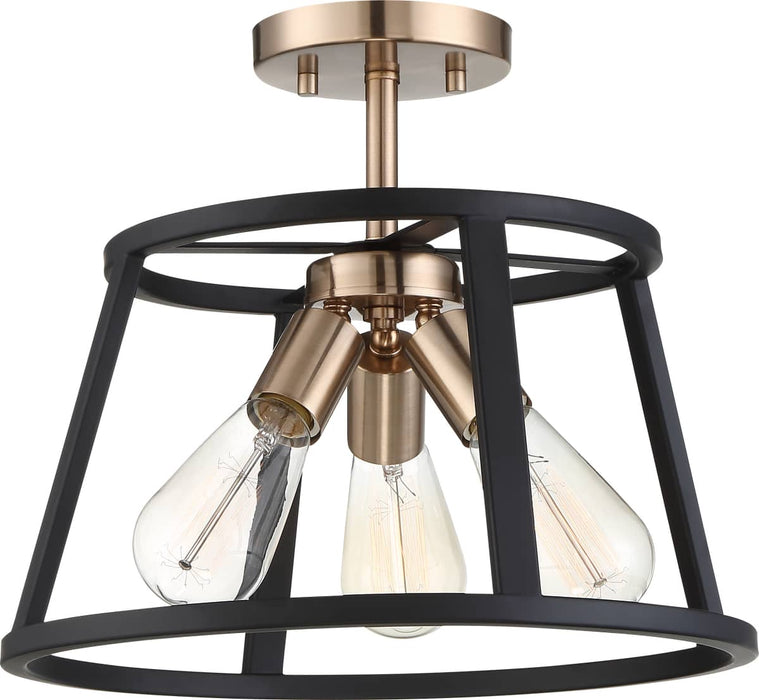 Semi Flush Nuvo 60-6643 Chassis - 3 Light - Semi-Flush Mount Fixture - Copper Brushed Brass Finish with Matte Black Frame Nuvo