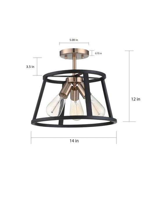 Semi Flush Nuvo 60-6643 Chassis - 3 Light - Semi-Flush Mount Fixture - Copper Brushed Brass Finish with Matte Black Frame Nuvo