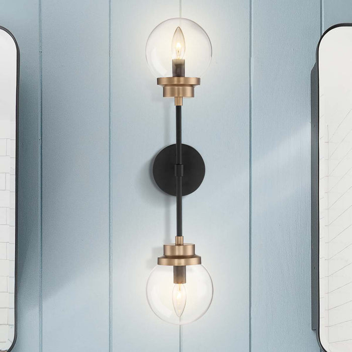 Sconce Nuvo 60-7122 Axis - 2 Light - Wall Sconce Fixture - Matte Black Finish with Brass Accents - Clear Glass Nuvo