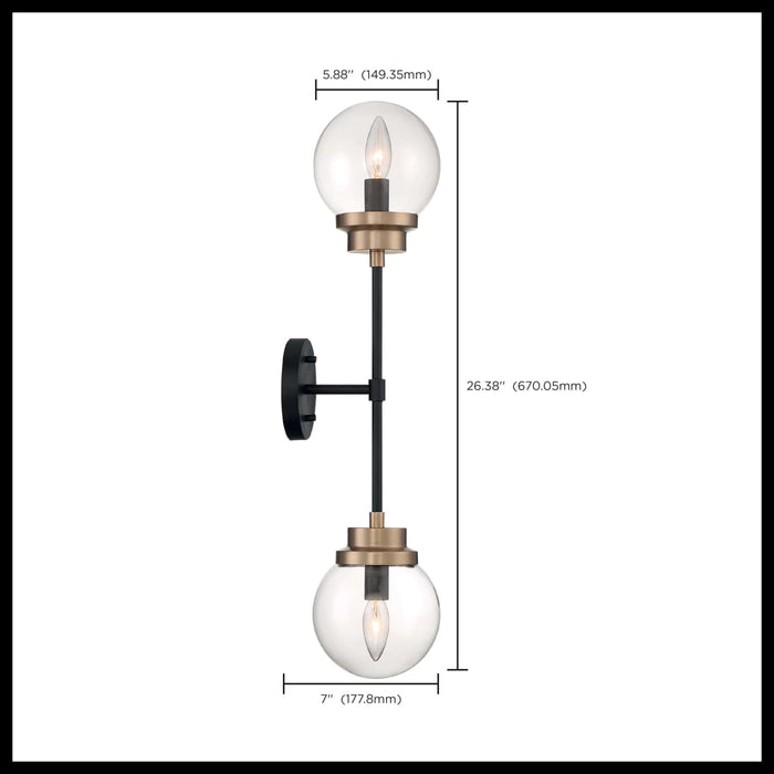 Sconce Nuvo 60-7122 Axis - 2 Light - Wall Sconce Fixture - Matte Black Finish with Brass Accents - Clear Glass Nuvo