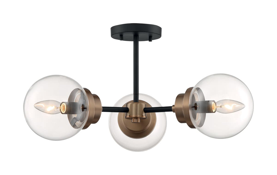Semi Flush Nuvo 60-7123 Axis - 3 Light - Semi-Flush Fixture - Matte Black Finish with Brass Accents - Clear Glass Nuvo
