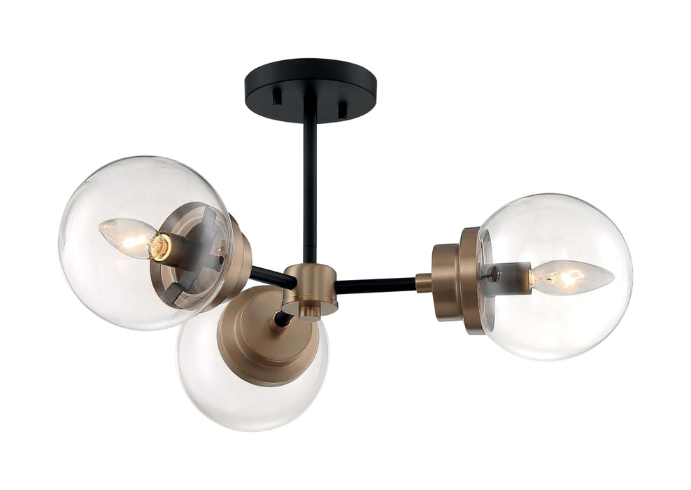 Semi Flush Nuvo 60-7123 Axis - 3 Light - Semi-Flush Fixture - Matte Black Finish with Brass Accents - Clear Glass Nuvo