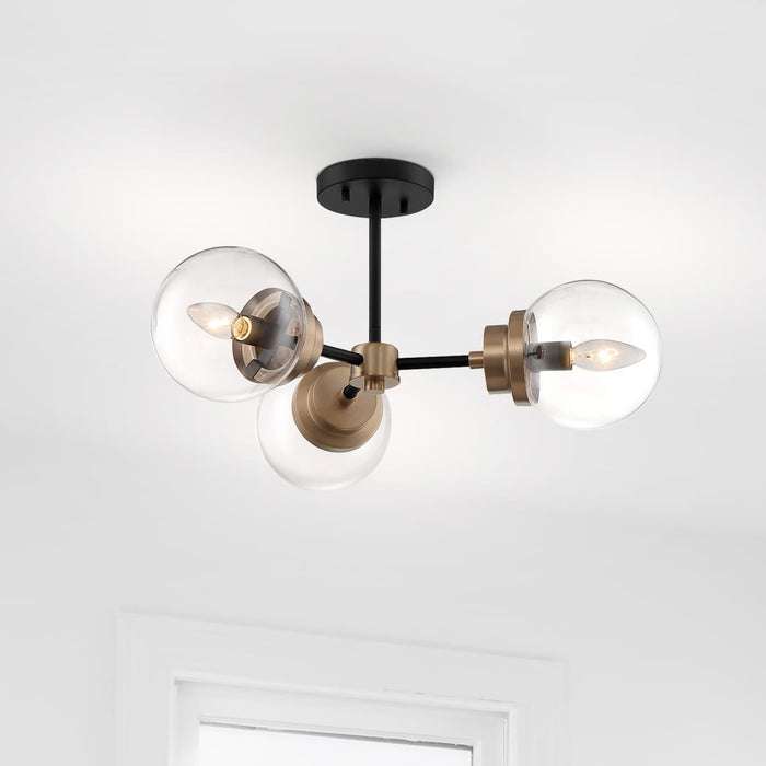 Semi Flush Nuvo 60-7123 Axis - 3 Light - Semi-Flush Fixture - Matte Black Finish with Brass Accents - Clear Glass Nuvo