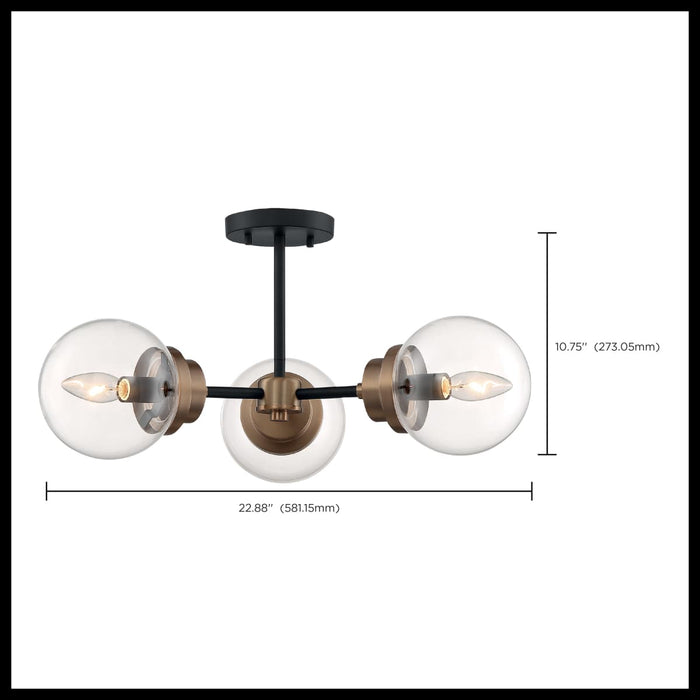 Semi Flush Nuvo 60-7123 Axis - 3 Light - Semi-Flush Fixture - Matte Black Finish with Brass Accents - Clear Glass Nuvo