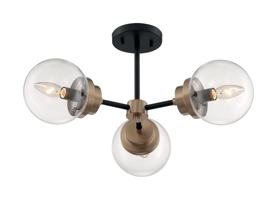 Semi Flush Nuvo 60-7123 Axis - 3 Light - Semi-Flush Fixture - Matte Black Finish with Brass Accents - Clear Glass Nuvo