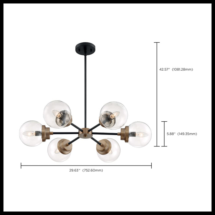 Chandelier Nuvo 60-7126 Axis - 6 Light - Chandelier Fixture - Matte Black Finish with Brass Accents - Clear Glass Nuvo
