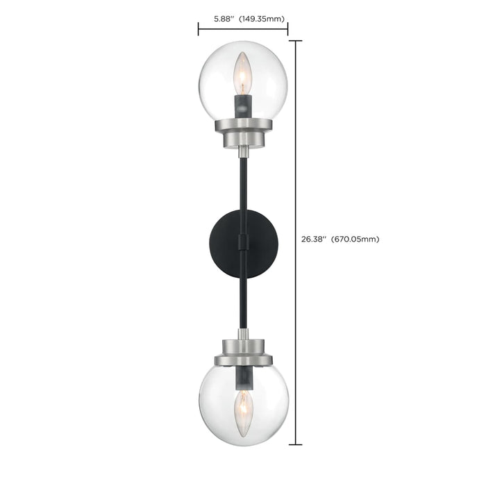 Sconce Nuvo 60-7132 Axis - 2 Light - Wall Sconce Fixture - Matte Black Finish with Brushed Nickel Accents - Clear Glass Nuvo