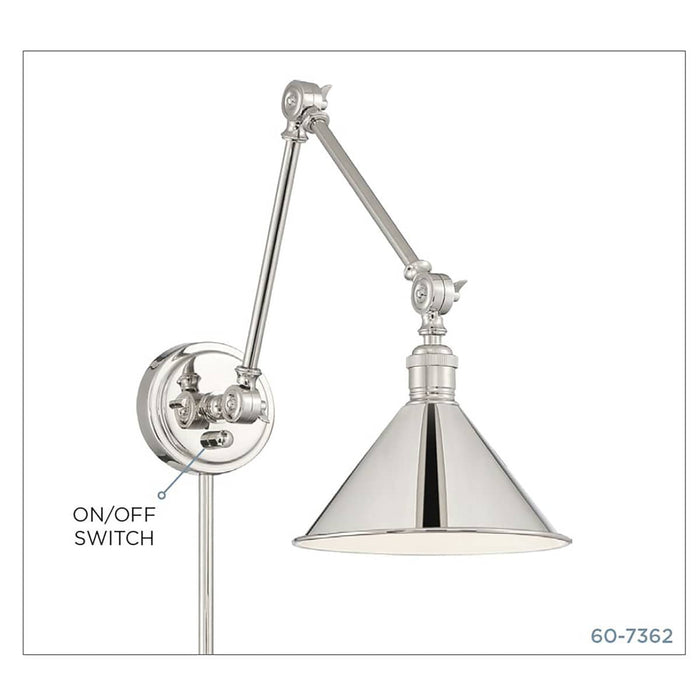 Sconce Nuvo 60-7362 Delancey Swing Arm Lamp - Polished Nickel with Switch - Polished Nickel Finish Nuvo