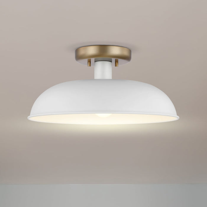 Semi Flush Nuvo 60-7490 Colony - 1 Light - Small Semi-Flush Mount Fixture - Matte White with Burnished Brass Nuvo