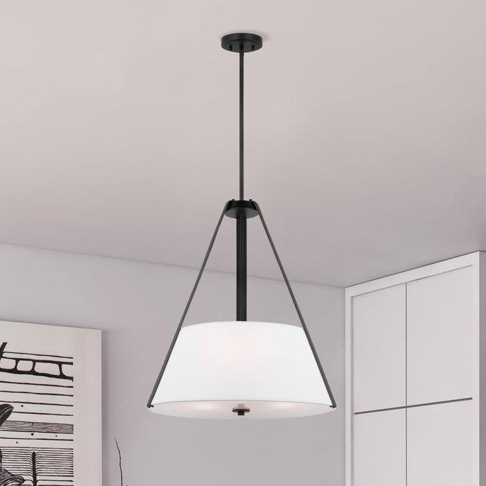 Pendant Nuvo 60-7696 Brewster - 3 Light Pendant - Black Finish - Faux Leather Wrapped Straps - White Textile Shade Nuvo