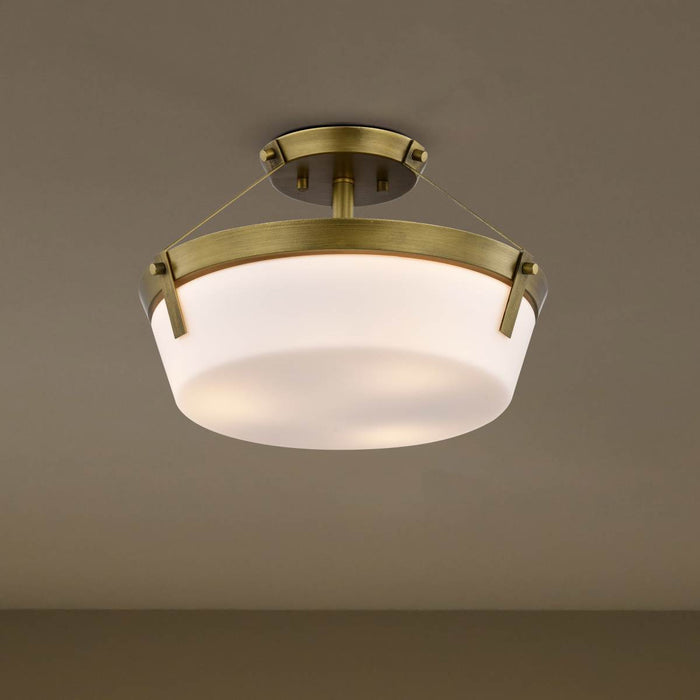 Semi Flush Mount Nuvo 60-7752 Rowen 4 Light Semi Flush - Natural Brass Finish - Etched White Glass Nuvo
