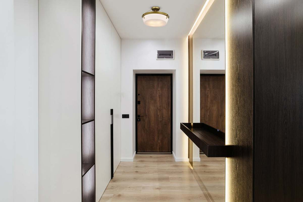 Semi Flush Mount Nuvo 60-7753 Rowen 3 Light Semi Flush - Natural Brass Finish - Etched White Glass Nuvo