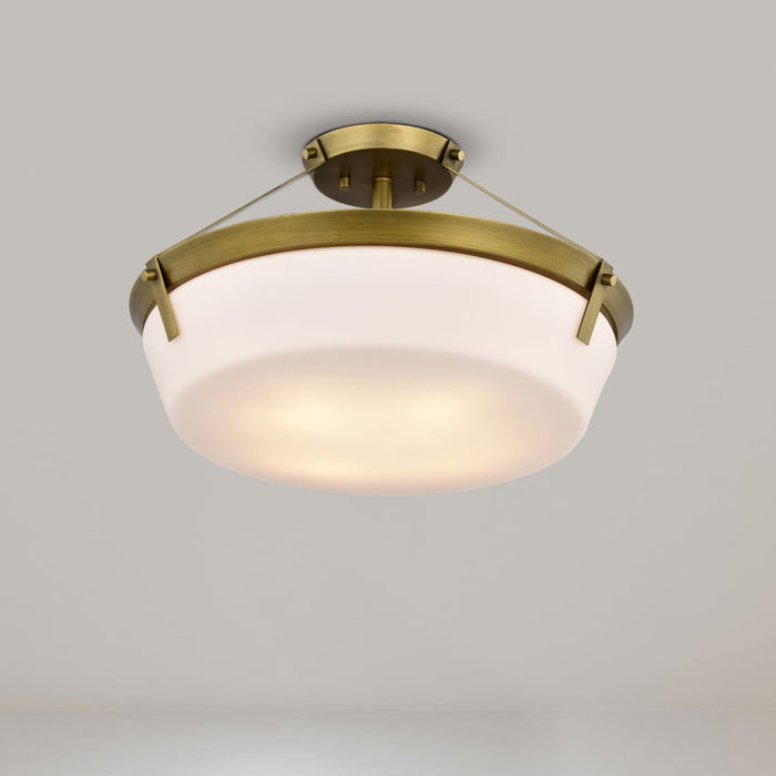 Semi Flush Mount Nuvo 60-7753 Rowen 3 Light Semi Flush - Natural Brass Finish - Etched White Glass Nuvo