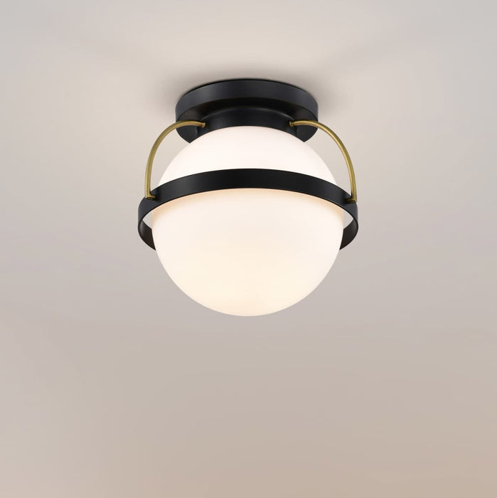 Flush Mount Nuvo 60-7770 Lakeshore 1 Light Small Flush - Matte Black & Natural Brass Finish - White Opal Glass Nuvo