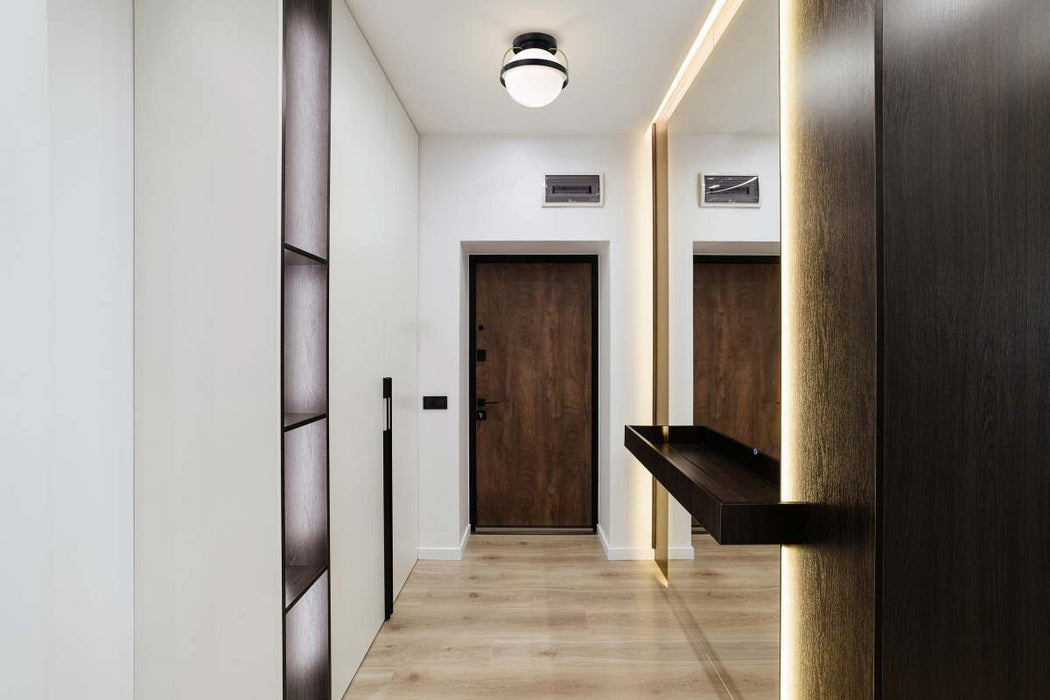 Flush Mount Nuvo 60-7771 Lakeshore 1 Light Medium Flush - Matte Black & Natural Brass Finish - White Opal Glass Nuvo