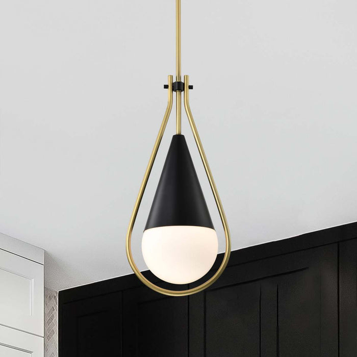 Pendant Nuvo 60-7902 Admiral 1 Light Pendant - 6 Inches - Matte Black and Natural Brass Finish - White Opal Glass Nuvo