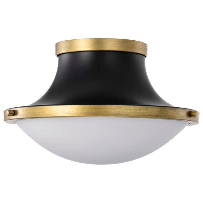 Flush Mount Nuvo 60-7905 Lafayette 1 Light Flush Mount Fixture - 14 Inches - Matte Black Finish with Natural Brass Accents and White Opal Glass Nuvo