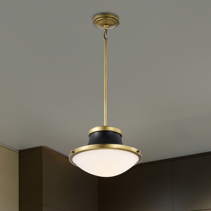 Pendant Nuvo 60-7907 Lafayette 1 Light Pendant - 14 Inches - Matte Black Finish with Natural Brass Accents and White Opal Glass Nuvo