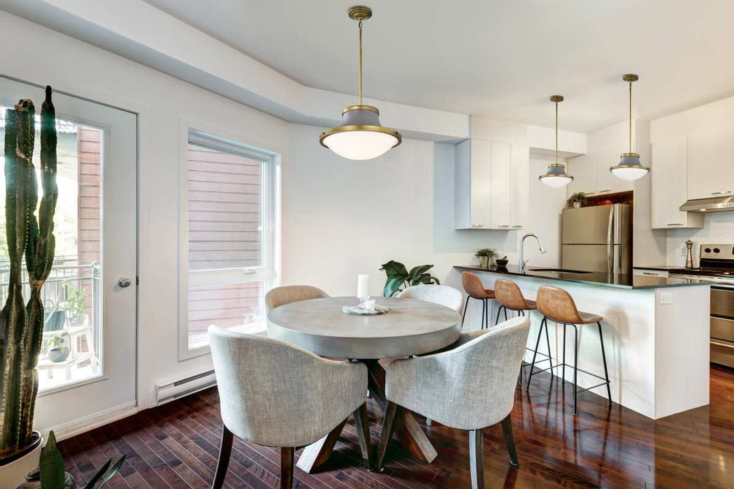 Pendant Nuvo 60-7918 Lafayette 3 Light Pendant - 18 Inches - Gray Finish with Natural Brass Accents and White Opal Glass Nuvo