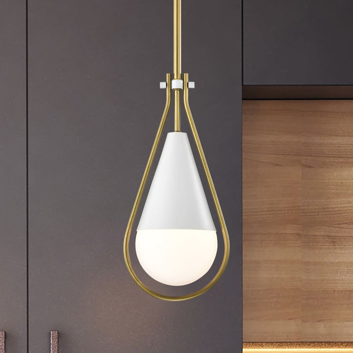 Pendant Nuvo 60-7922 Admiral 1 Light Pendant - 6 Inches - Matte White and Natural Brass Finish - White Opal Glass Nuvo