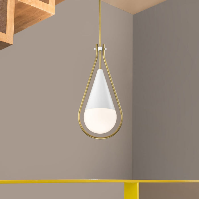 Pendant Nuvo 60-7923 Admiral 1 Light Pendant - 10 Inches - Matte White and Natural Brass Finish - White Opal Glass Nuvo