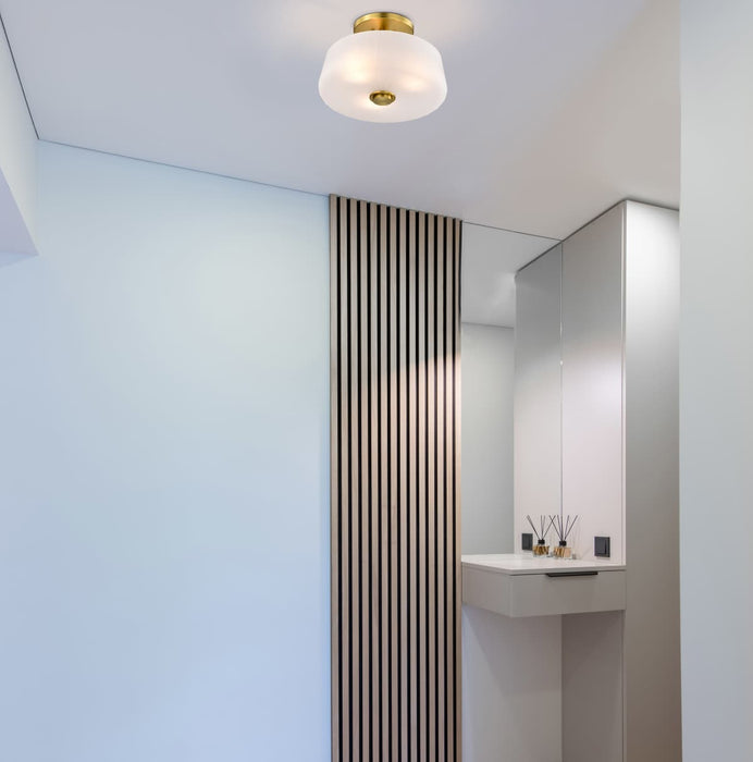 Semi Flush Mount Nuvo 60-8239 Lune - 3 Light Semi-Flush - Vintage Brass Finish - Etched White Glass Nuvo