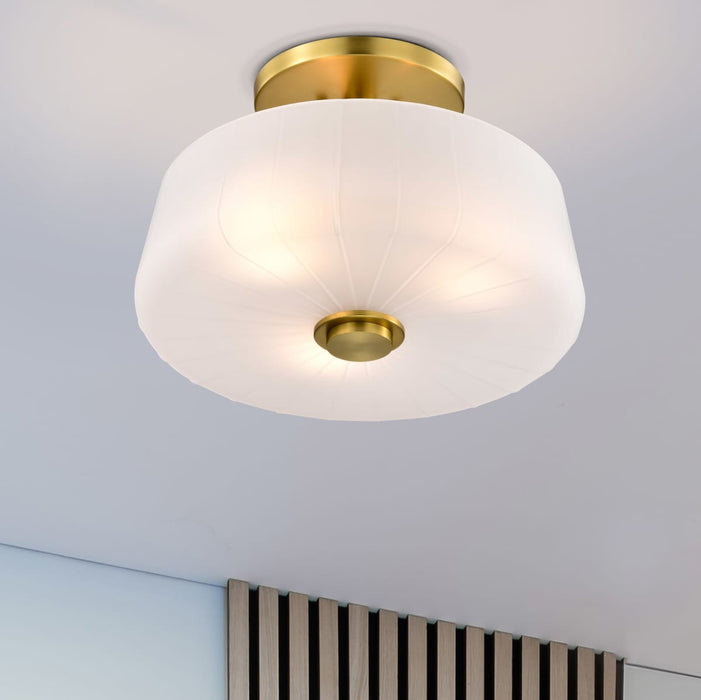 Semi Flush Mount Nuvo 60-8239 Lune - 3 Light Semi-Flush - Vintage Brass Finish - Etched White Glass Nuvo