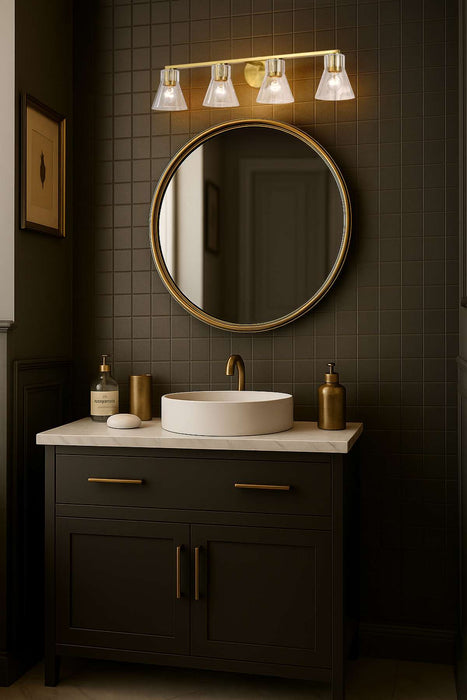 Vanity Nuvo 60-8344 Gianna - 4 Light Vanity - Vintage Brass Finish - Clear Glass Nuvo