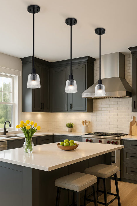 Mini Pendant Nuvo 60-8605 Grayson - 1 Light Mini Pendant - Matte Black Finish - Clear Ribbed Glass Nuvo