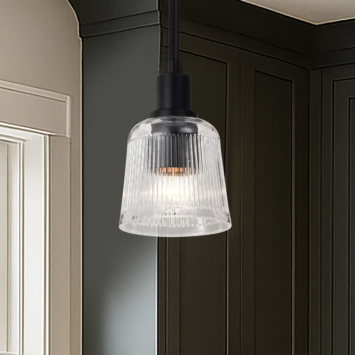 Mini Pendant Nuvo 60-8605 Grayson - 1 Light Mini Pendant - Matte Black Finish - Clear Ribbed Glass Nuvo