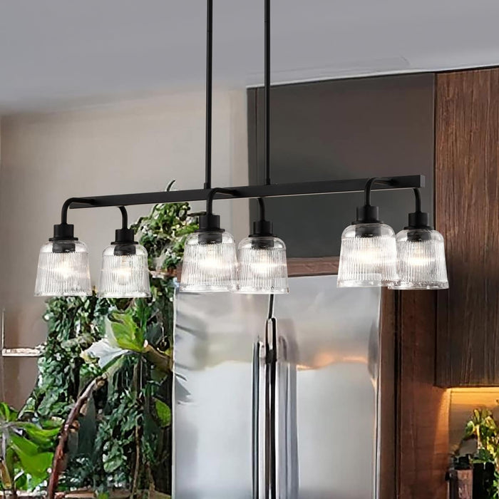 Island Pendant Nuvo 60-8610 Grayson - 6 Light Island Pendant - Matte Black Finish - Clear Ribbed Glass Nuvo
