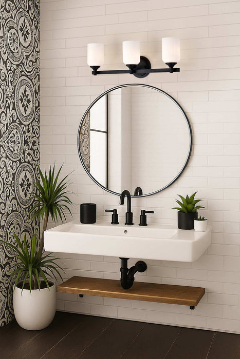 Vanity Nuvo 60-8643 Solara - 3 Light Vanity - Matte Black Finish - Frosted Ribbed Glass Nuvo